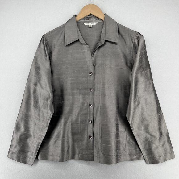 TRAVELSMITH Shirt Womens L Pure Silk Dupioni Button Up Long Sleeve Gray - Picture 1 of 14